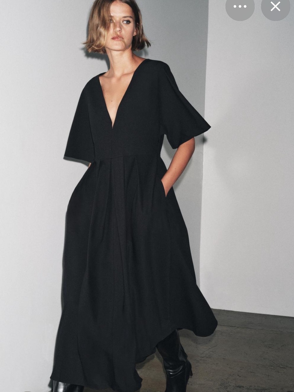 Zara Black V-Neck Midi Dress with Pockets